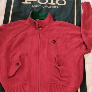 Polo by Ralph Lauren Men's Zip-Up Sweater in Red With Green Collar 80s...